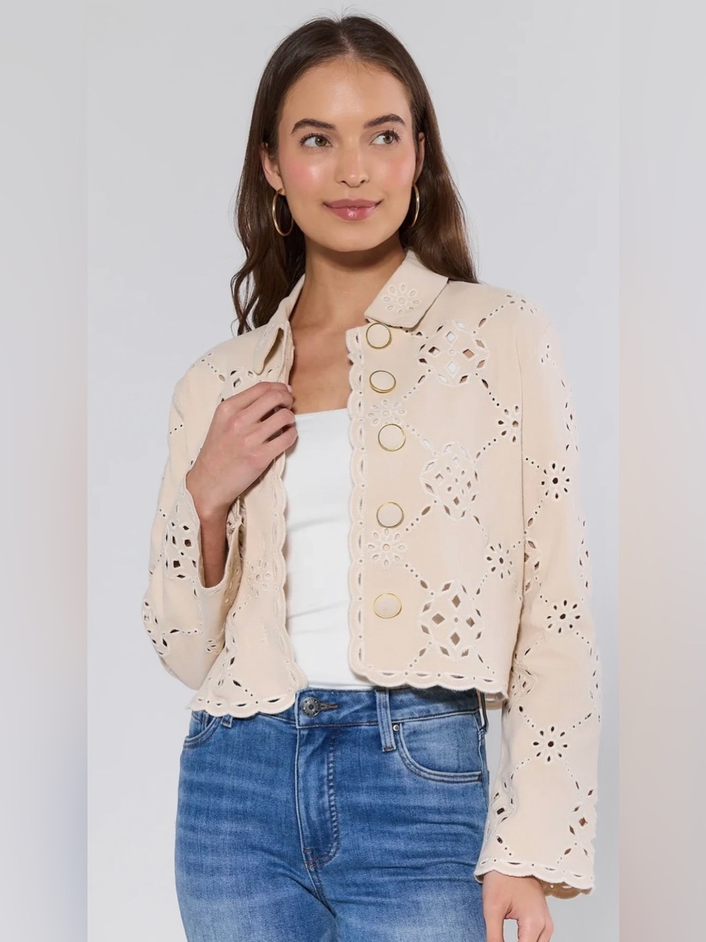 Avara Gina Beige Eyelet Jacket - Size M